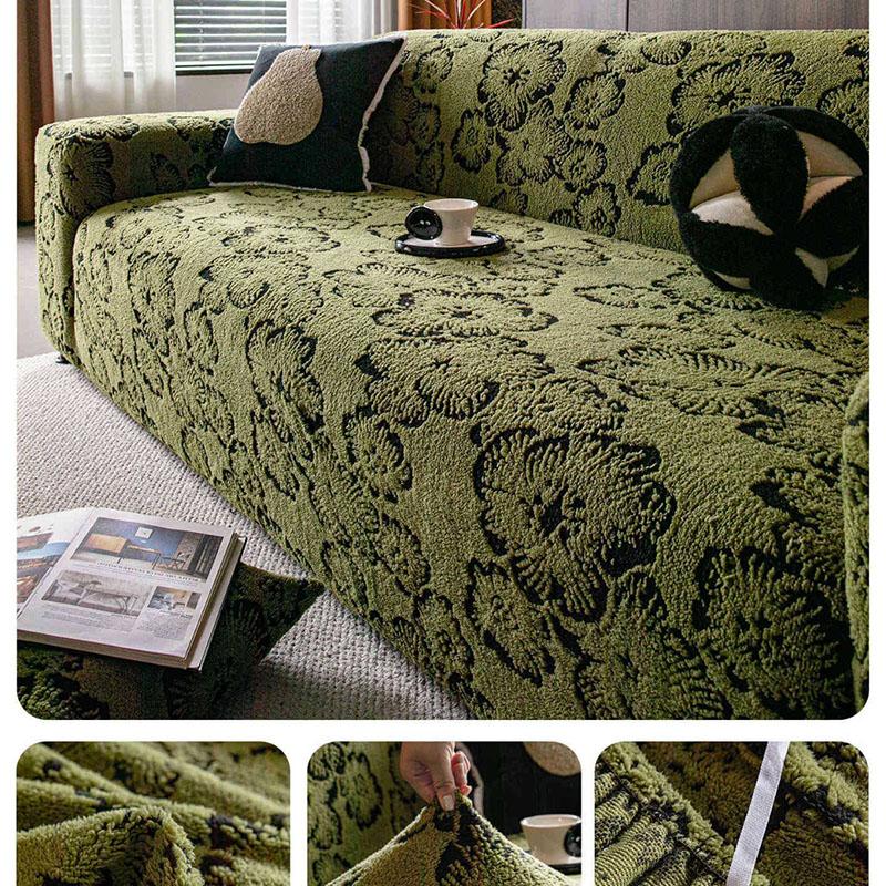 Vintage Floral Jacquard Stretch Sofa Cover High-End All Inclusive Sofa Towel with Straps Anti Cat Scratch Velvet Couch Slipcover