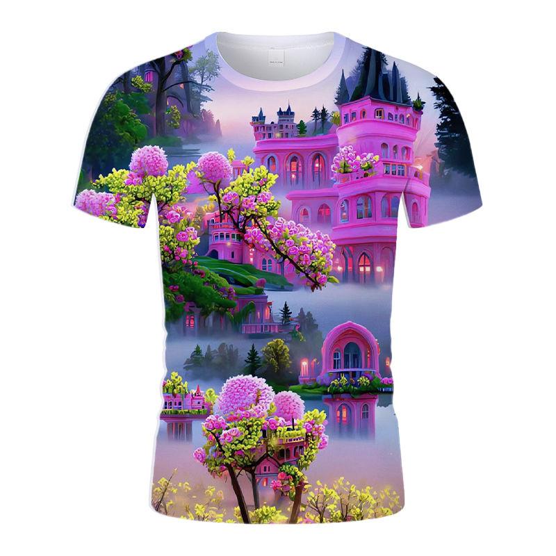Summer New Rose Castle Colors Beautiful Personality Youth Trend 3D Digital Printing Round Neck Shirt Short Sleeve T-shirt