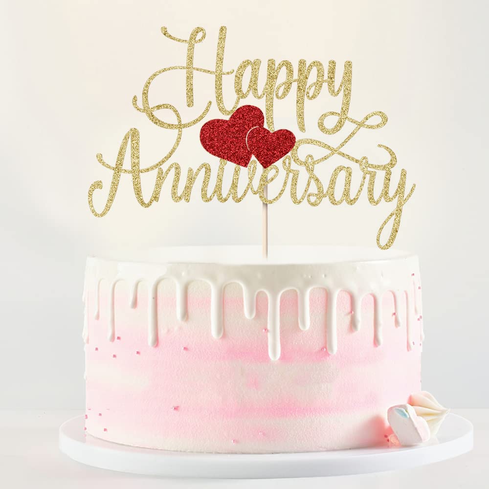 Kaoenla Happy Anniversary Cake Topper - Gold Glitter Happy Birthday Cake Topper, Company Anniversary Party Decoration, Wedding Wedding Anniversary