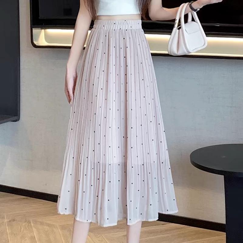 Polka Dot Chiffon Pleated Skirt Women's Summer Dot Midi High Waist Drape Slimming Versatile A-Line Skirt
