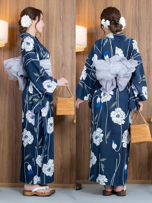 Tika Yukata Perfect for Summer Includes and Navy Blue with Poppy Set Women's Set, Festivals, Dress, Haori, Obi, Pattern, 3-Piece (tk-ykop24-t002)