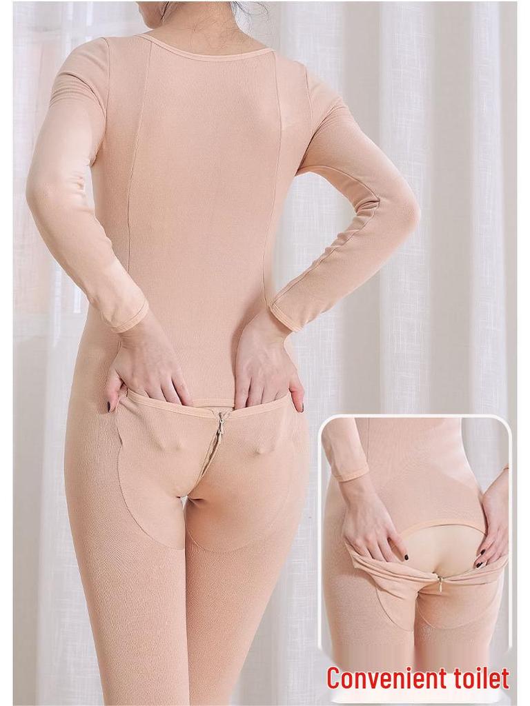 Unisex Plus Size Thick Fleece Backless Bodysuit with Zipper and Crotchless Design for Cold Weather