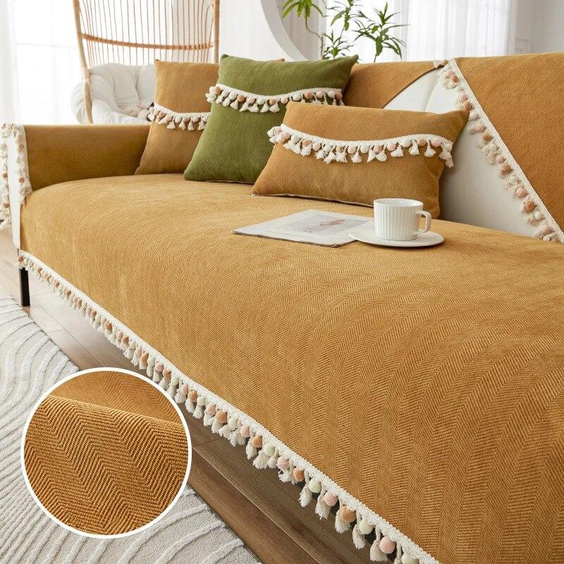 Cotton Ball Tassels Couch Mat Comfortable Non Slip Dustproof Sofa Towel Versatile Living Room Decoration Daybed Cushion