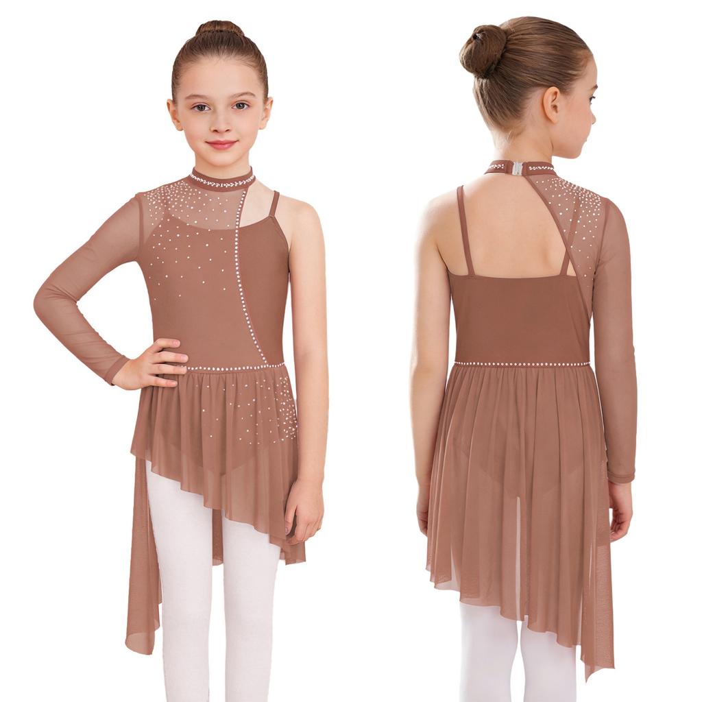 Children’s Dance Dress One Shoulder Long Sleeve Mesh Patchwork Spaghetti Straps Irregular Hem Asymmetrical Style for Lyrical Routine