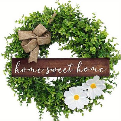Artificial Green Leaves Floral Wreath Spring Summer Wreath with Burlap Bow and Wooden Sign for Front Door Window Hanging Wall Party Decorations