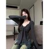 Women's Red Lace-up Bow Long-sleeve Square Neck Slim-fit Top for Autumn/Winter
