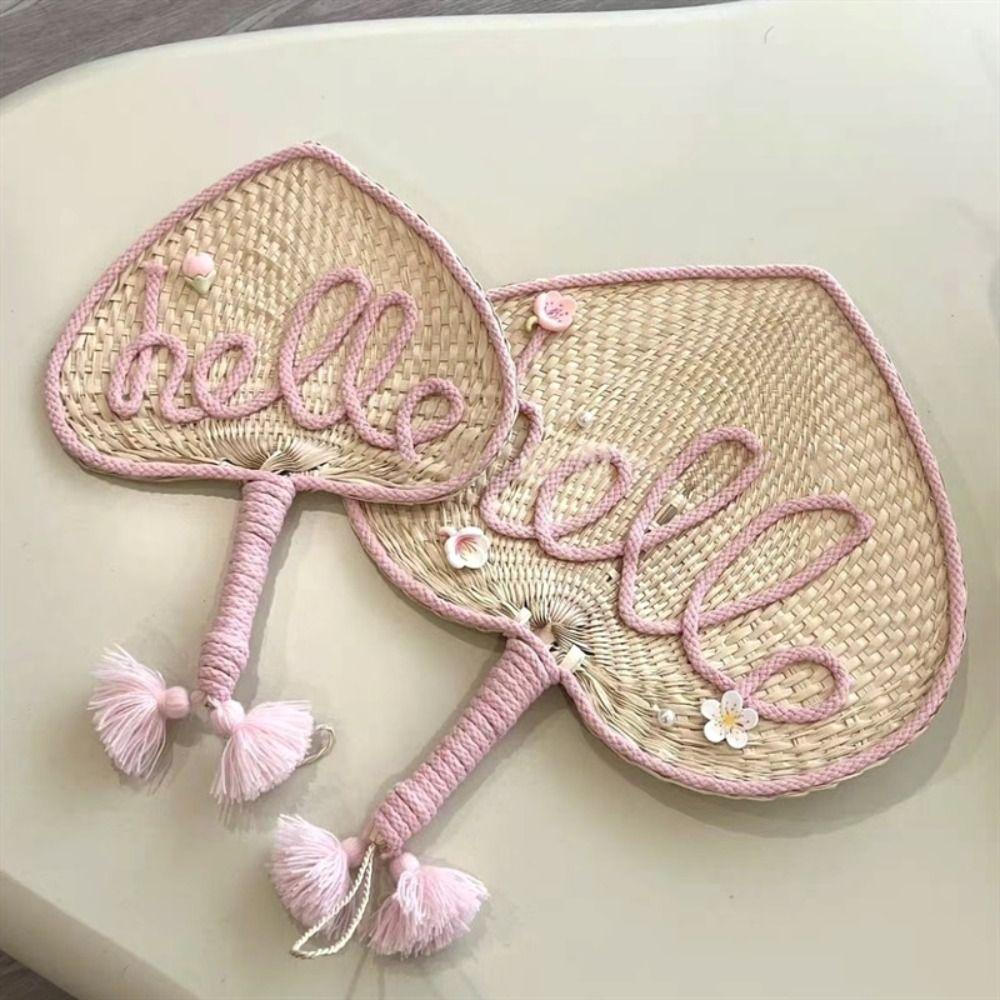Handmade Bamboo Weaving Fan Cute Decorative Craft Fan Hand Cranked Pu Fan  Dormitory