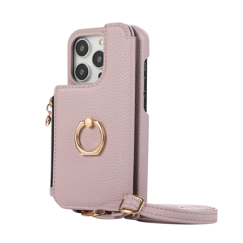 Ring Holder Crossbody Zipper Cards Solt Wallet Leather Case For iPhone 15 Pro Max 14 Plus 13 12 11 SE 2022 Makeup Mirror Cover