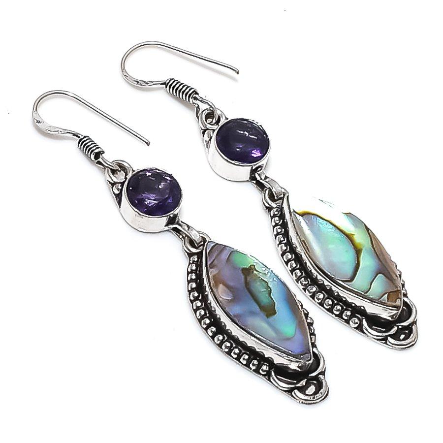 

Натуральный абалон, Аметист 925 Стерлинговое серебро Ювелирное изделие Серьга 2.48 s6b50