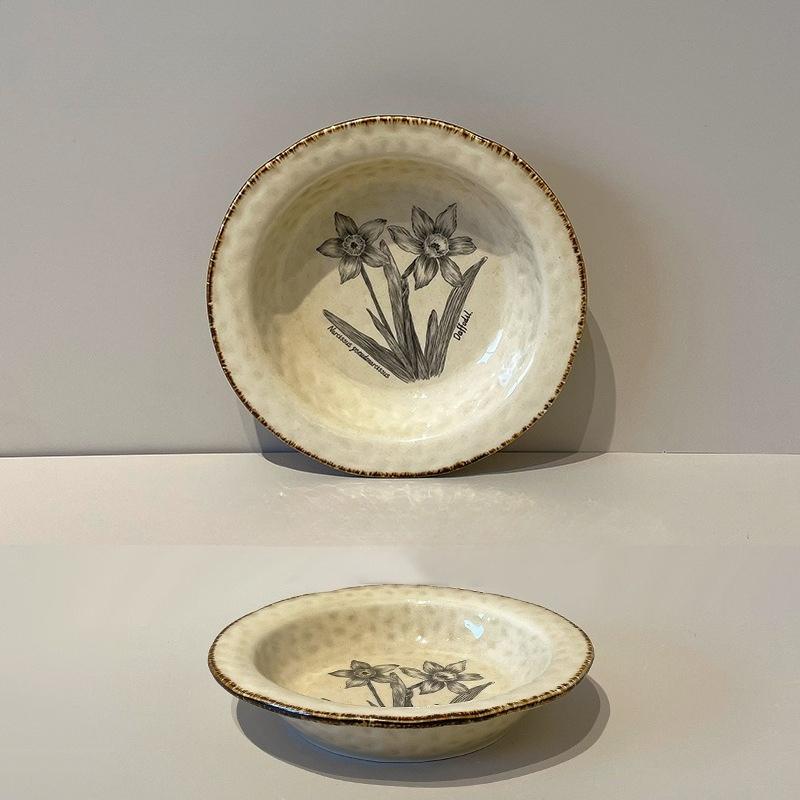 Japanese Straw Hat Plate Retro Floral Deep Pasta Dish Western Dinner Plate Creative Salad Dessert Plate