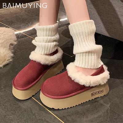 Fur Platform Women Cotton Slippers Suede Flats Mules Shoes Winter Fashion Slingback Boots Woman 2025 Trend Warm Femme Snow Botas