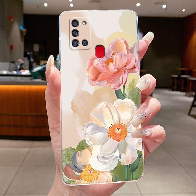 For Samsung Galaxy A21s Phone Case SM- A217F Capa Flower Butterfly Protective Thin Cases Transparent Soft Silicone TPU Cover