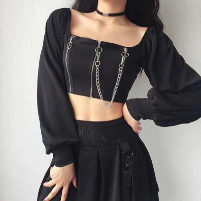 Summer Long Sleeve Tops Tee Short Fashion Retro Style Chain Solid Crop T-shirt Cross Collar Slim Cotton Pullover Tshirts