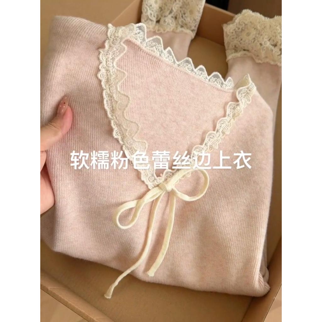Girly chic bottoming shirt autumn and winter collar lace waist pinch thin long-sleeved top fashionable inside knitted sweater