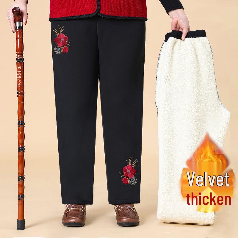 Women's Winter Embroidered Floral Cotton Pants, Loose Fit, Elastic Waist, for Middle-Aged & Elderly, Plus Velvet, Straight-Leg.