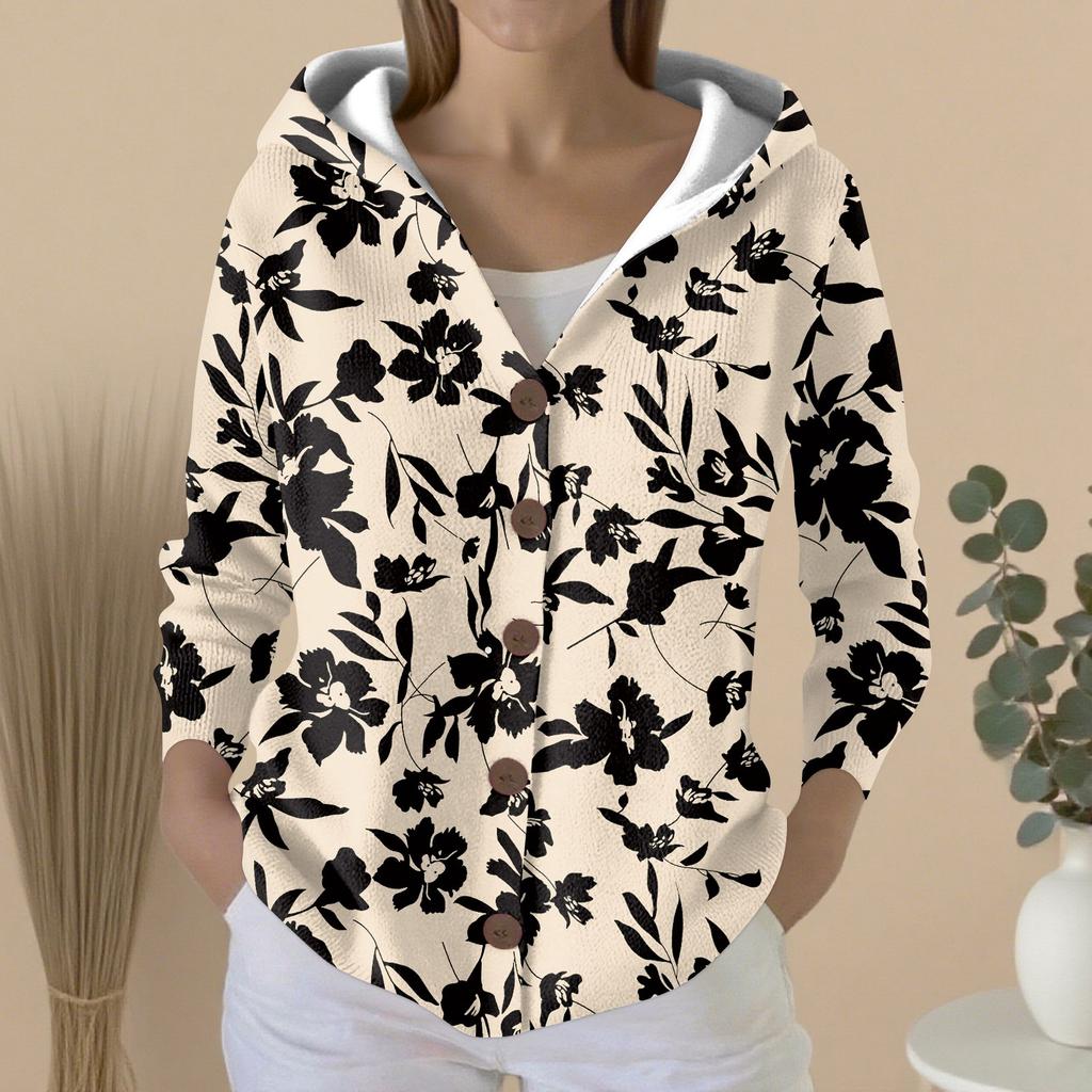 Women's Fashion Casual Sweater Button-Up Print Cardigan  Hooded Jacket