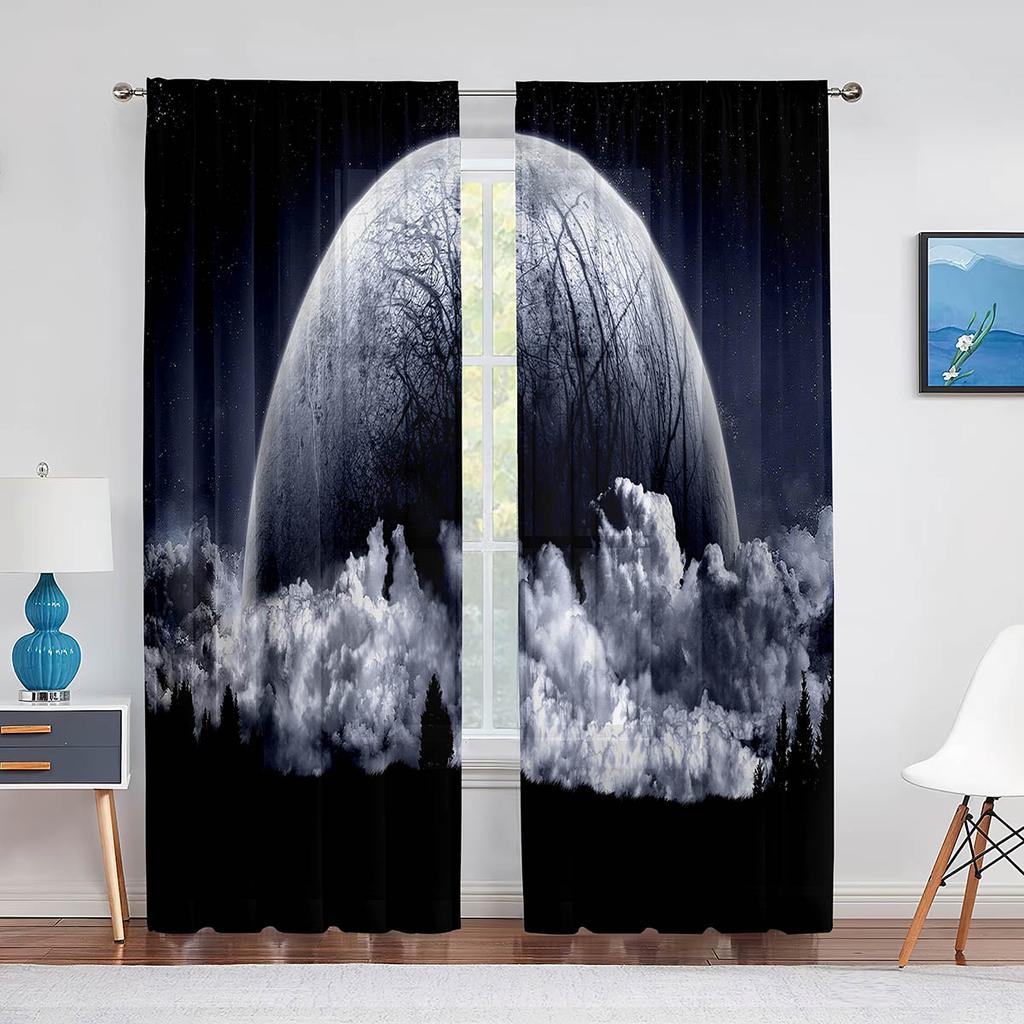Night Sky Full Moon and Foggy Clouds with Sea Ocean Tulle Curtains for Living Room Bedroom Sheer Voile Kitchen Window Curtain