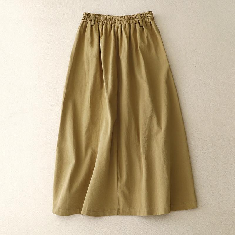 Real Shot Summer New Literary Loose Splicing Solid Color Cotton Elastic Waist Skirt Women's Medium and Long