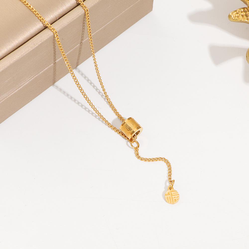 2026 Trendy Fu Character Tassel Necklace - Elegant Stainless Steel Clavicle Chain for Women