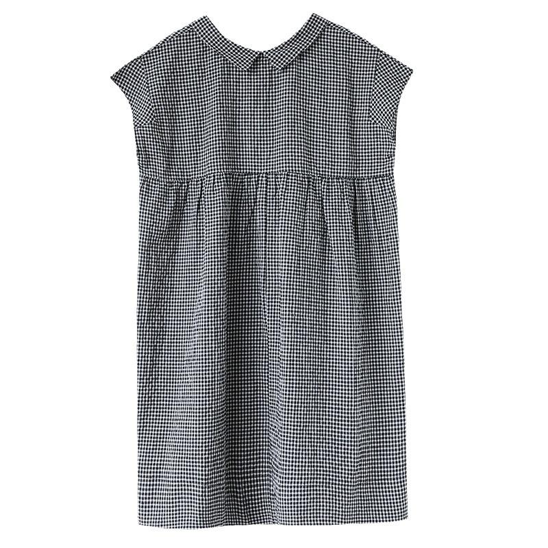 Echte Aufnahme Sommer neu literarisch große Größe locker gespleißt Baumwolle und Leinen Karomuster kurzärmeliges Kleid Damenbekleidung mittel und lang