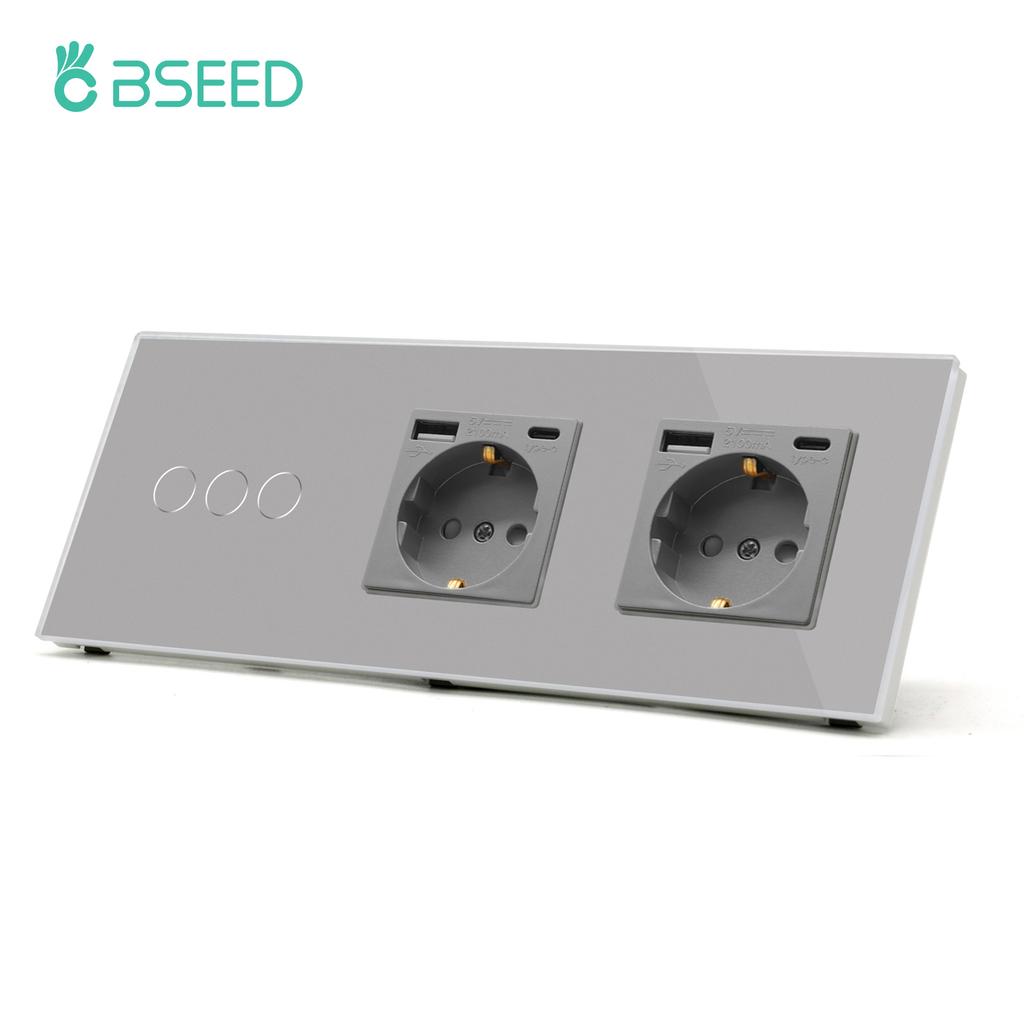 BSEED Touch Sensor Switch 1/2/3Gang 1Way Wall Light Switches Crystal Glass Switch With Double Power Sockets EU Standard