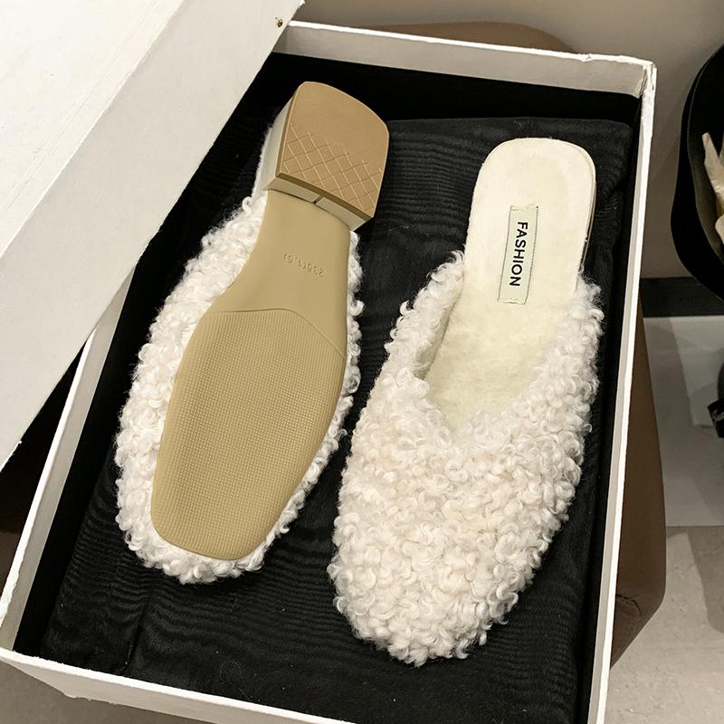 Aphixta 2.5cm Square Heel Warm Winter Furry Slide Kid Suede Women Slippers Women Shoes Round Toe Low Heel Slip On Hair Slides