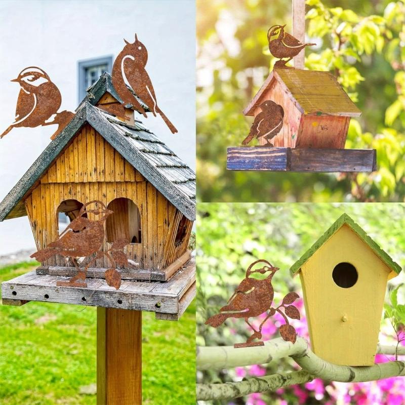 5 Antique Weathered Bird Statues Sculptures Outdoor Garden Ornament Unique Rusty Metal Artwork Indoor Handcrafted Art