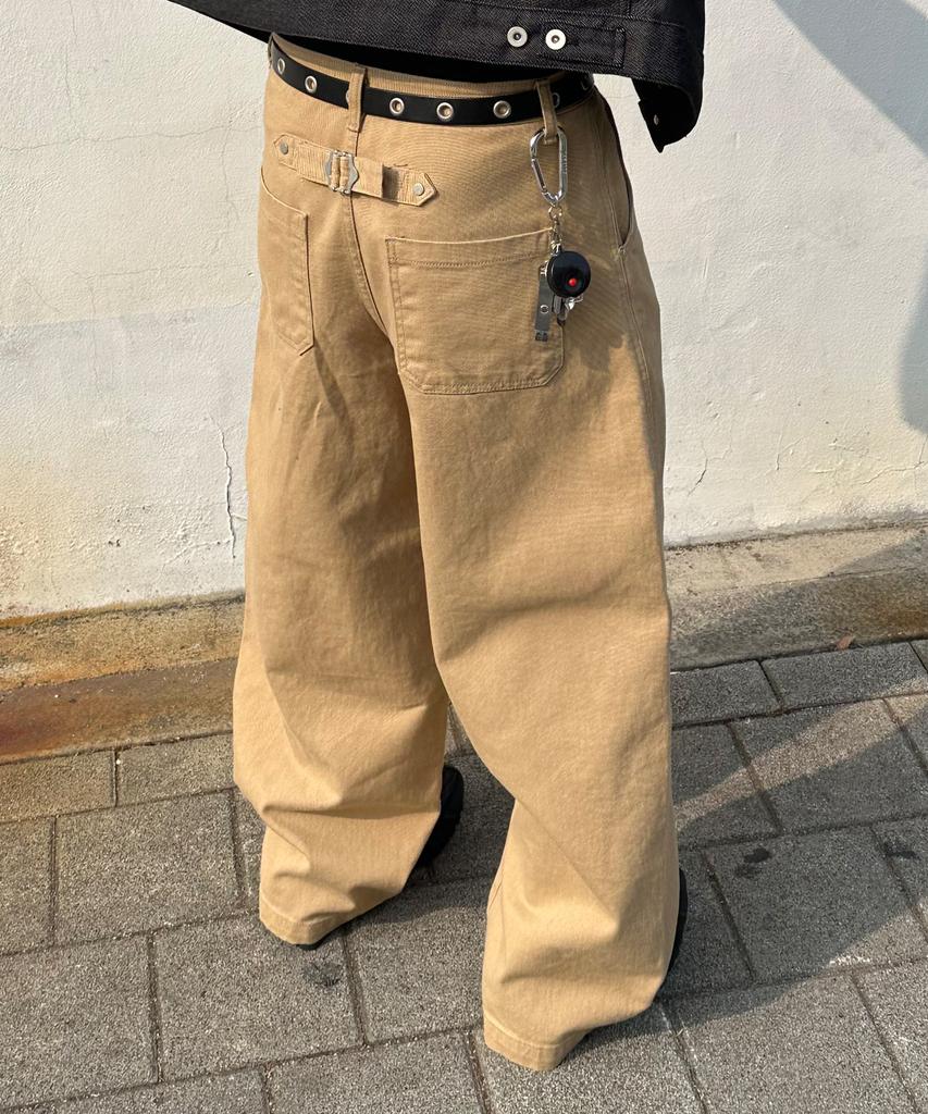 BASEMOMENT Cinch Back Curved Washed Twill Pants Beige