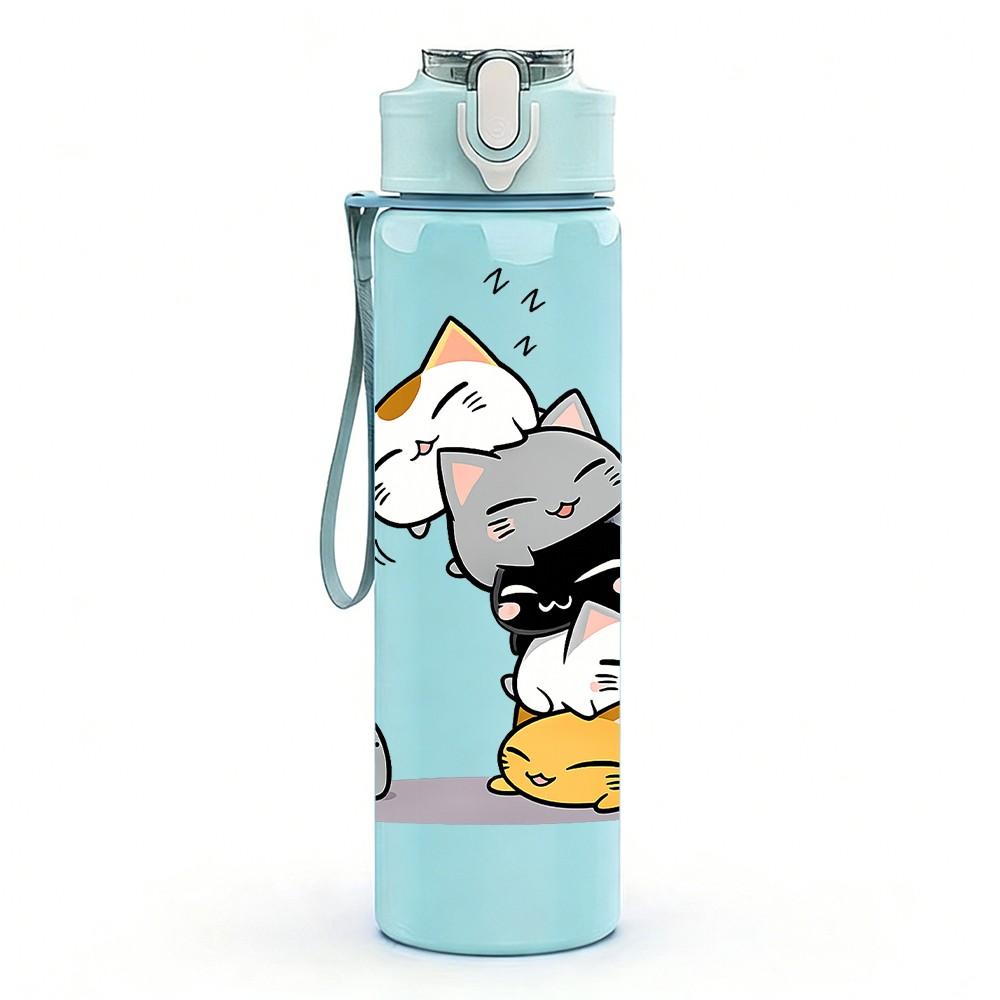 1PC Cat Cover Face Funny Cartoon Print 750ml Color Plastic Sports Water Bottle Leakproof Flip Straw Lid Suitable for Sports Office Home Use