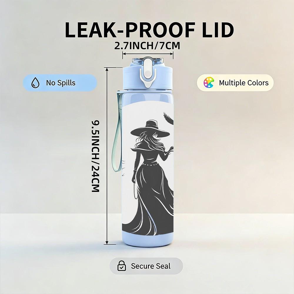 1PC Silhouette Witch Under Moon Night Print 750ml Color Plastic Sports Water Bottle Leakproof Flip Straw Lid Suitable for Sports Office Home Use