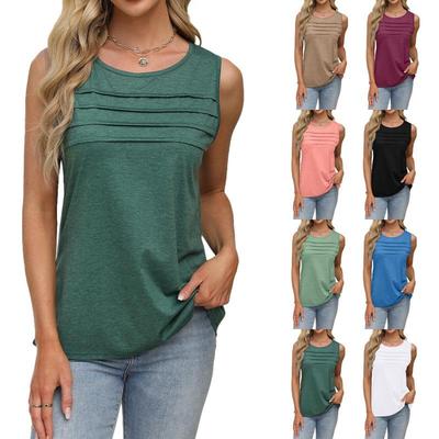 Canotta da Donna Primavera Estate Scollo a U Pieghettata Colore Unico Casual Senza Maniche T-shirt Morbida Traspirante Usura Quotidiana Top Basic
