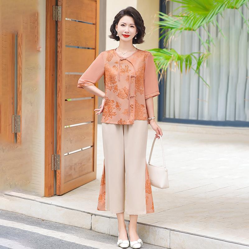 

Summer Chinese Style Elegant Shirt Suit for Middle-Aged & Elderly Women – Short-Sleeved Top Two-Piece Set 2XL (95-115 lbs)