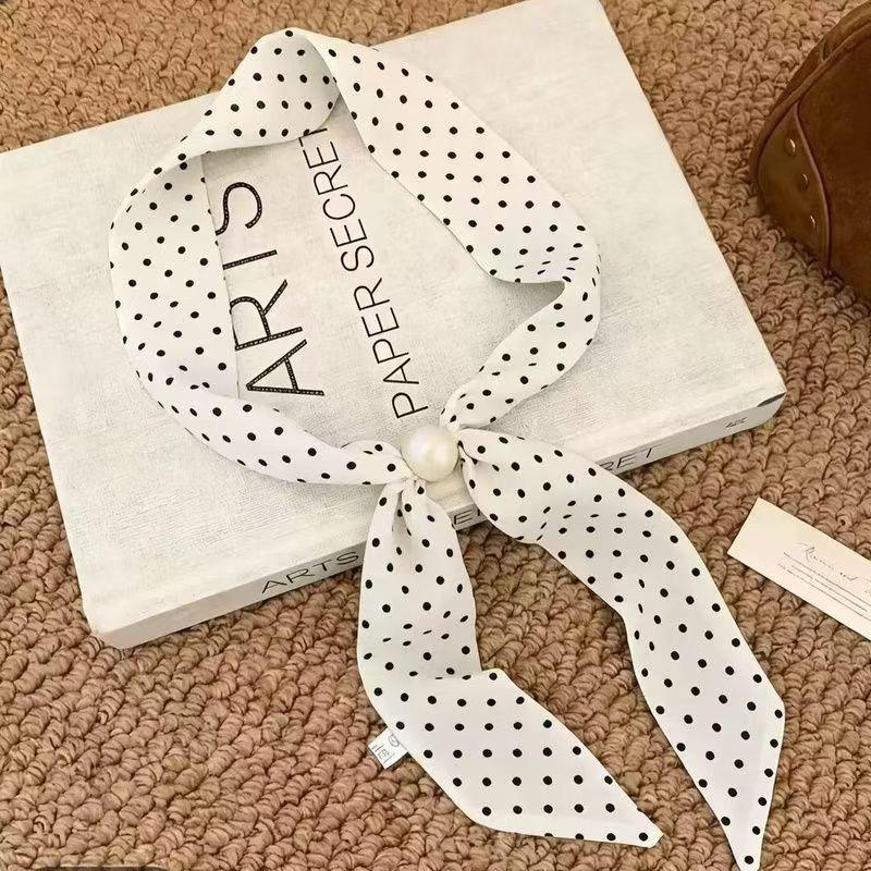 Polka dot floral pearl silk scarf women's Korean high-end sense neck ribbon decorative scarf versatile fashion small square scarf