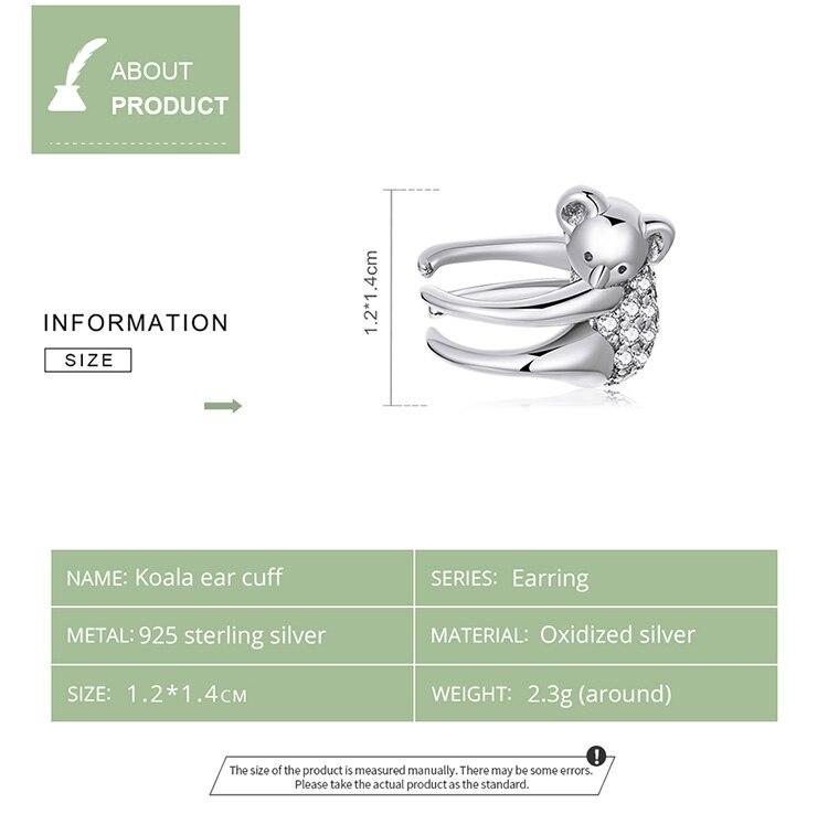 BAMOER Cercei cu zirconiu strălucitor din argint 925 cu animale Koala, bijuterii, cadou pentru femei