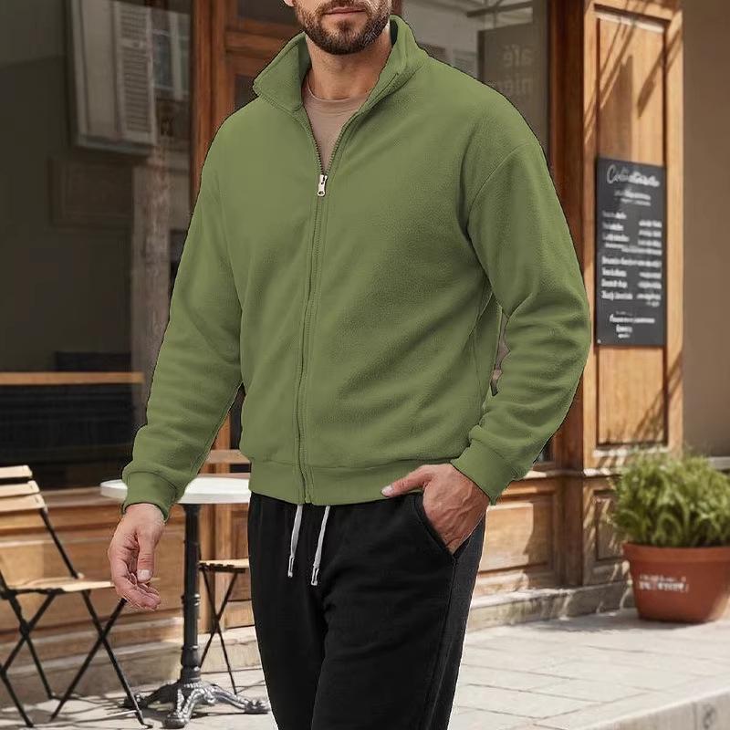 Men's Solid Color Stand Collar Zipper Hoodie Jacket - Outdoor Casual Streetwear