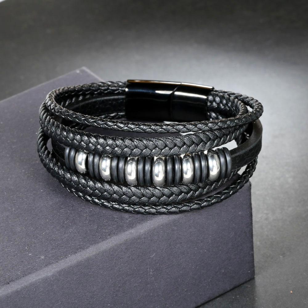 Popular stainless steel leather bracelet, men's multi-layer woven leather bracelet