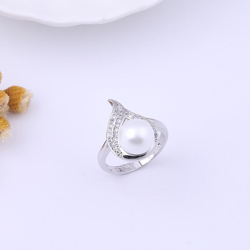 

European and American Light Luxury Style Collarbone Chain Full Diamond Zircon Ring Bracelet Stud Earrings Pearl Necklace and Jewelry W5524WW-Copper Platinum Plated Zircon Pearl