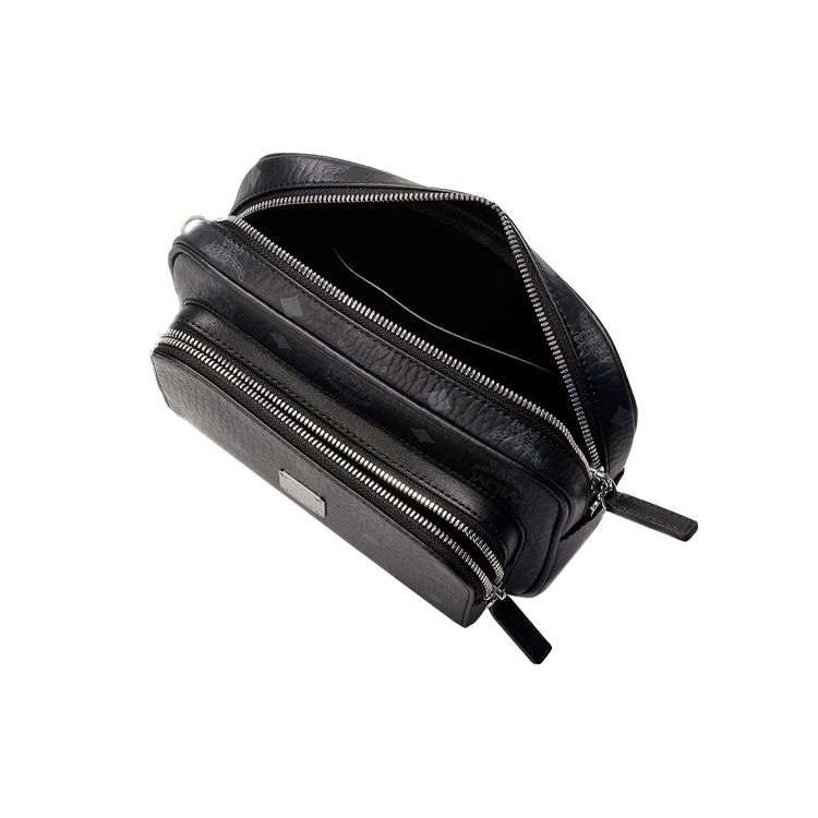 MCM Black Visetos Monogram Crossbody Camera Bag with Silver Logo Plate & Webbing Strap for Daily & Travel Use