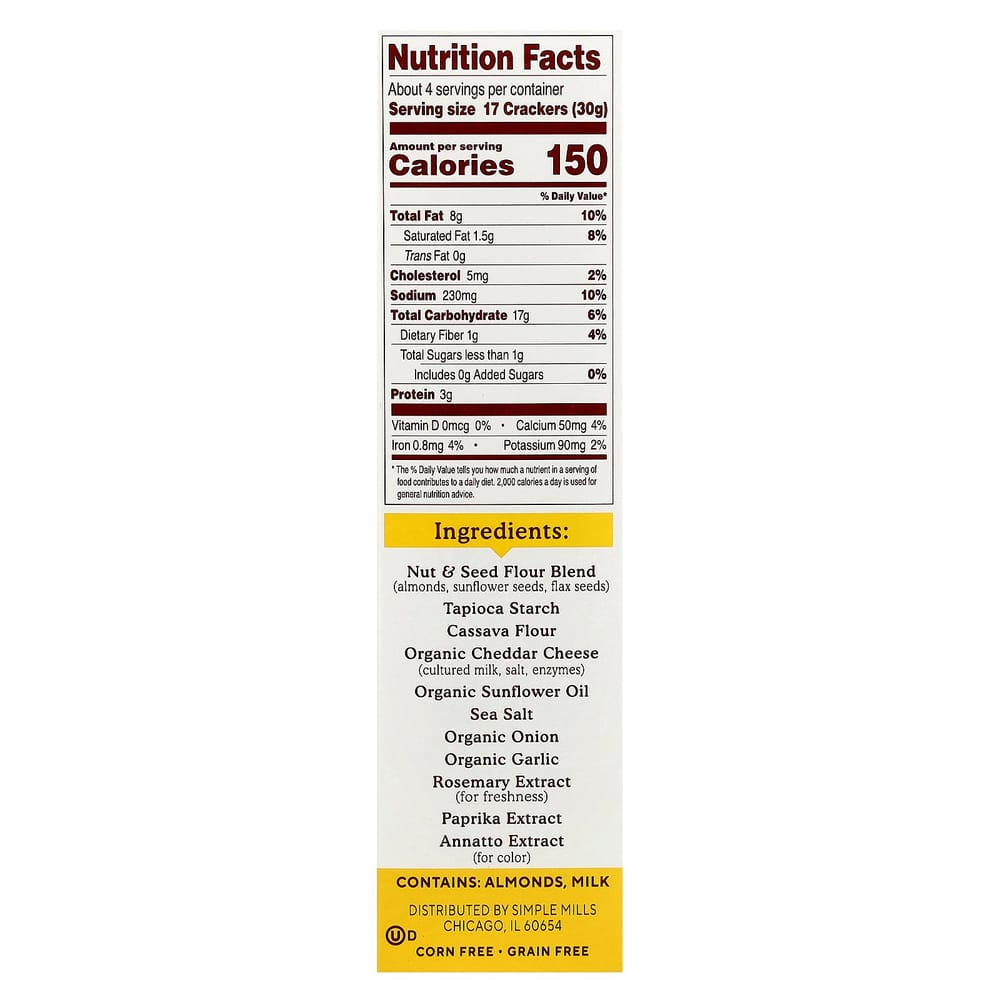 Simple Mills Almond Flour Crackers Farmhouse Cheddar 120g (4.25oz)