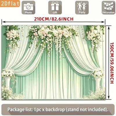 2D Mint Green Curtain Wedding Backdrop with White & Pink Flowers Background Cloth