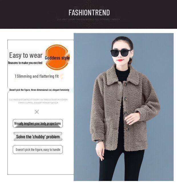 Women's Lambskin Granular Fleece Coat - Autumn/Winter Cardigan for Middle-Aged