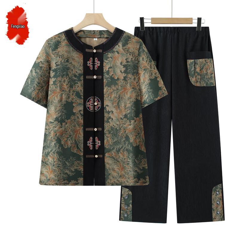 Elegant Floral Summer Short-Sleeve Shirt Set for Women 3XL