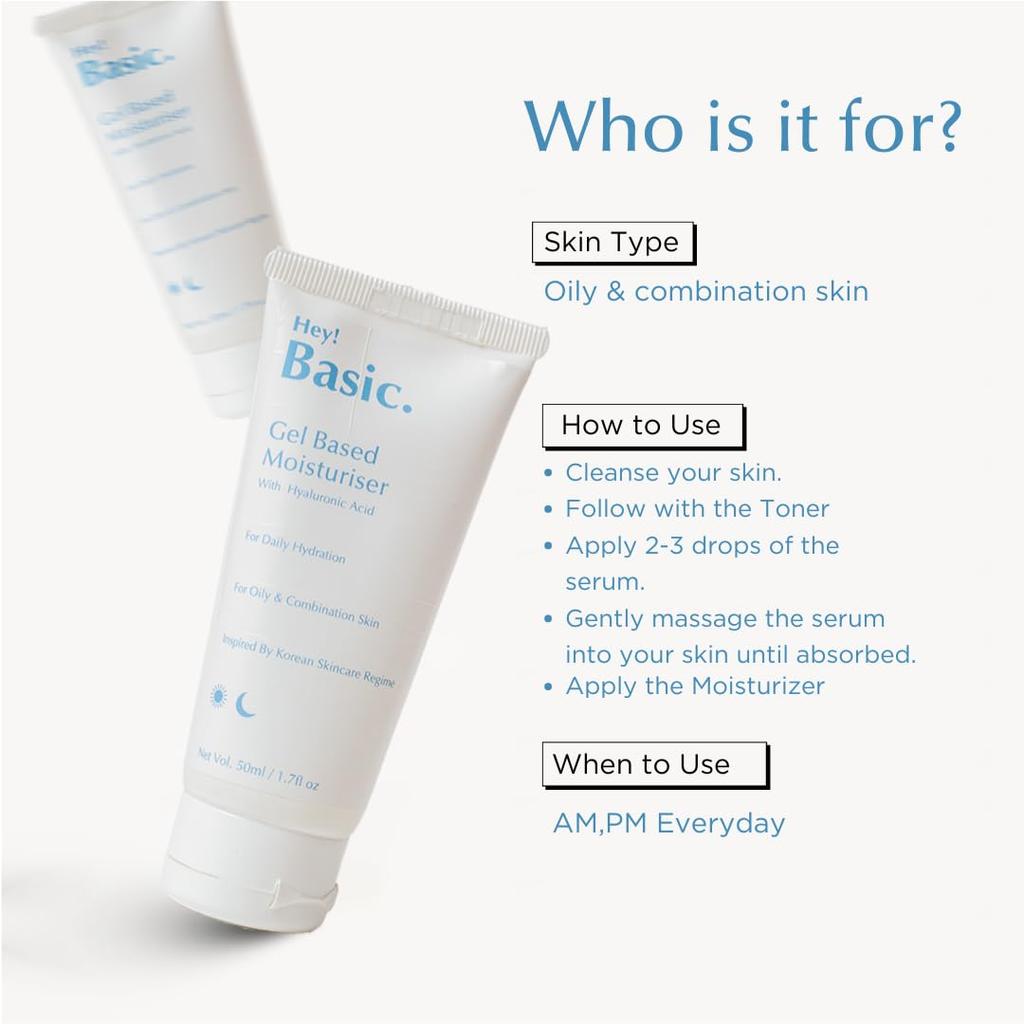 Hey Basic Gel-Based Moisturizer Hyaluronic Acid Face Moisturizer - for Dry and Oil Skin, Daily Hydration, Balancing Oily & Combination Skin - 50ml