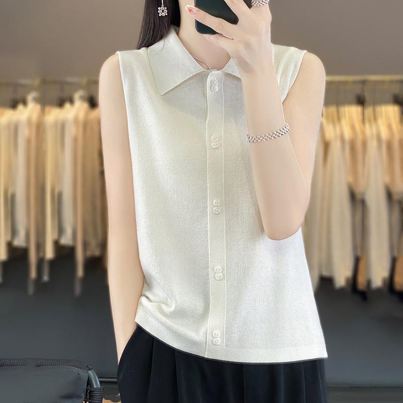 Summer Vest Vest Women s POLO Collar Sleeveless Cardigan Top Bottoming Shirt Thin Knitted Vest S белый