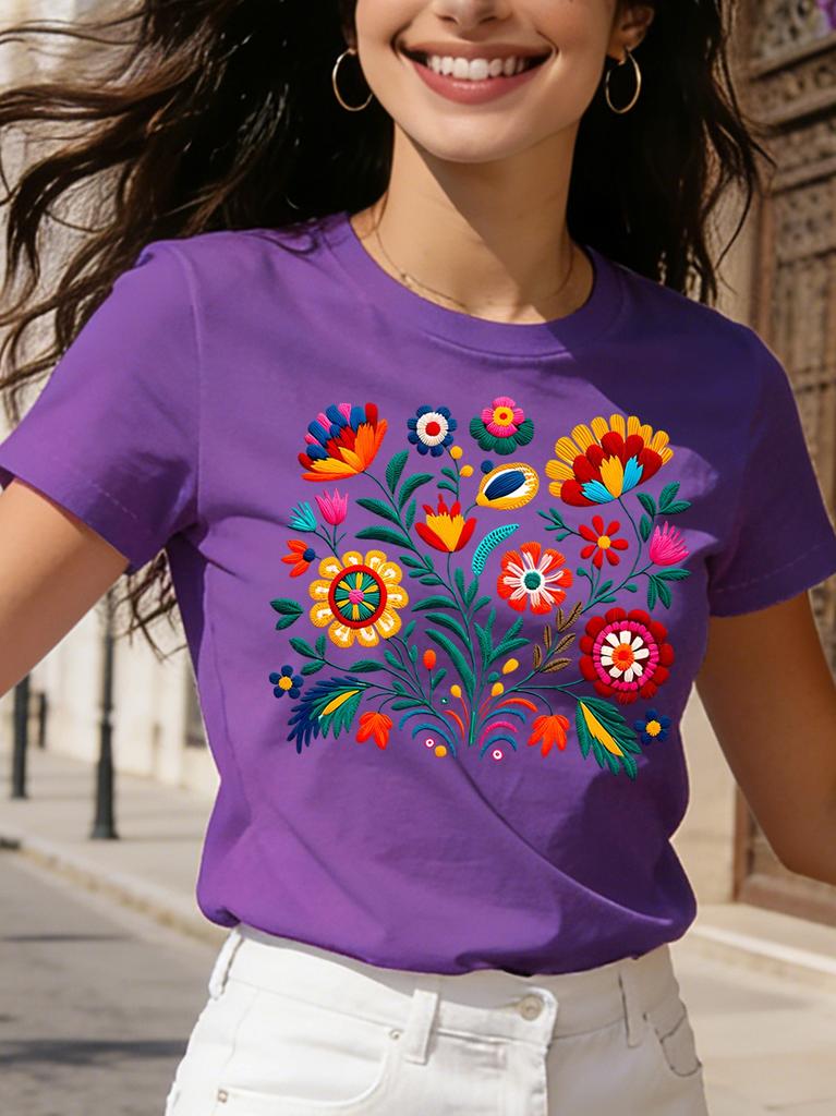 Mexican Embroidery Floral Women's Tee - Vibrant Folk Art Graphic, Casual Black Top
