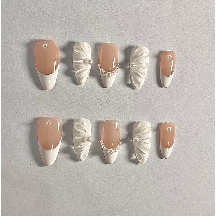 Unghie artificială Aripi transparente de migdale franceze Unghii pentru fototerapie Unghii false Set cu lipici Presă reutilizabil pe unghii