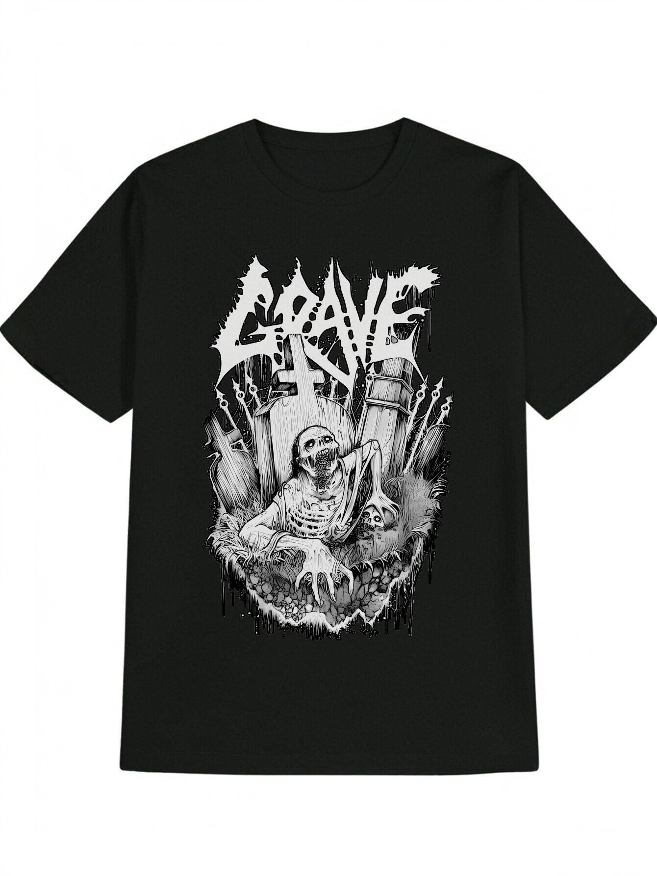 Gothic Horror Graphic T-shirt - Black with White Graveyard Skeletons - Lightweight Round Neck Tee for Halloween S