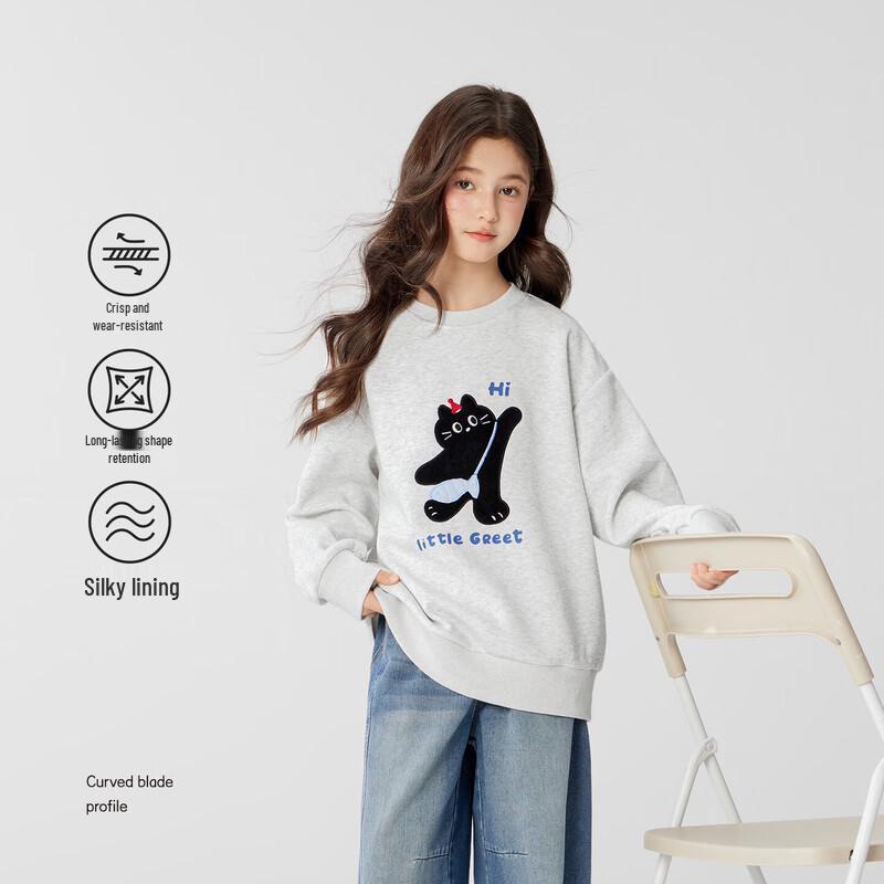 Girls  Kitten Print Milk Cotton Pullover Sweatshirt 160