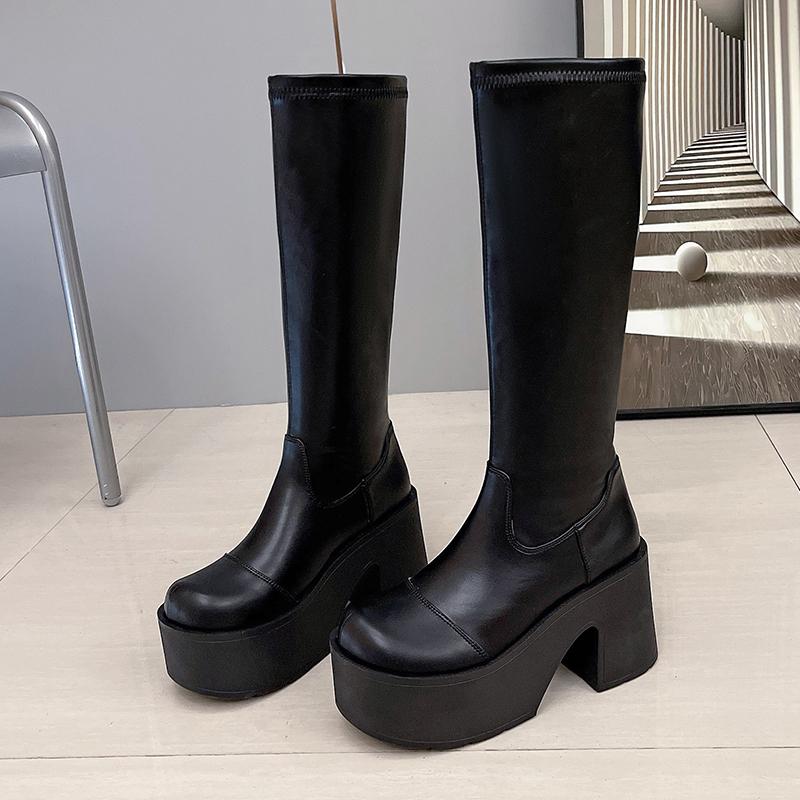 Mode 10CM Absatz Herbst Winter Mode Runde Zehe Plateau Damen High Boots Mode Punk Klobige Dicke Hohe Absätze Lange Stiefeletten