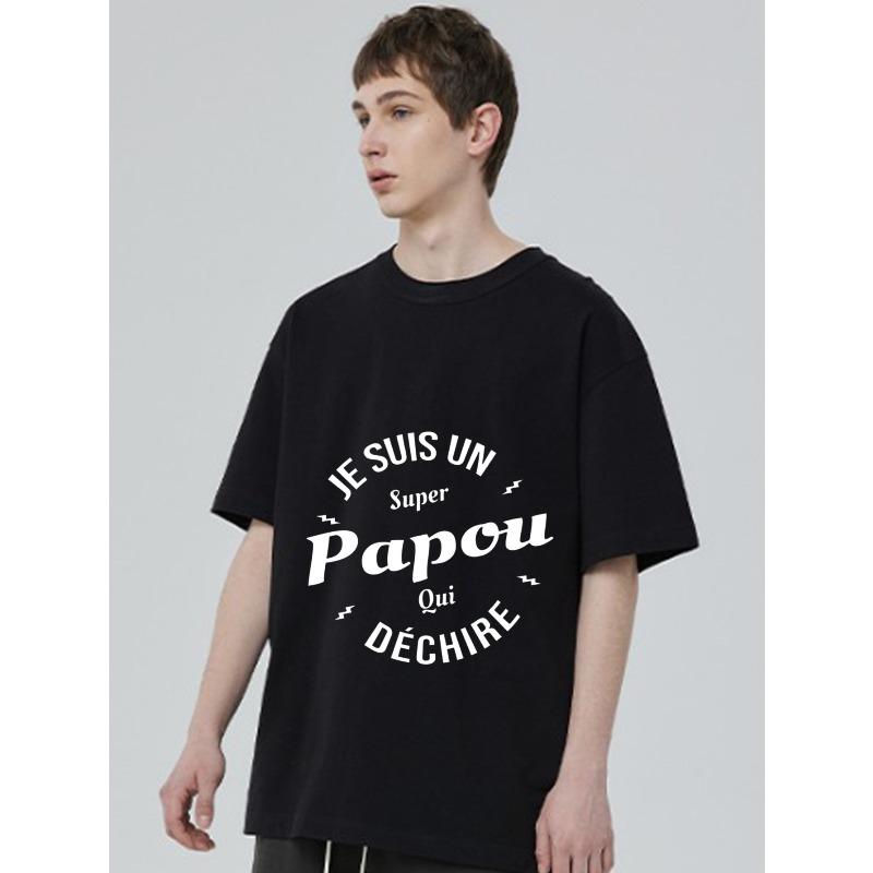 Black T-Shirt with French Text Design Super Papou Graphic for Casual Wear